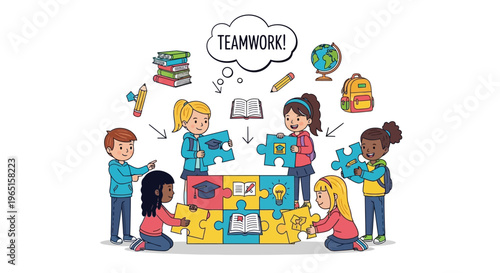 Children building puzzle teamwork, education, cooperation, learning, diverse group, school, ideas