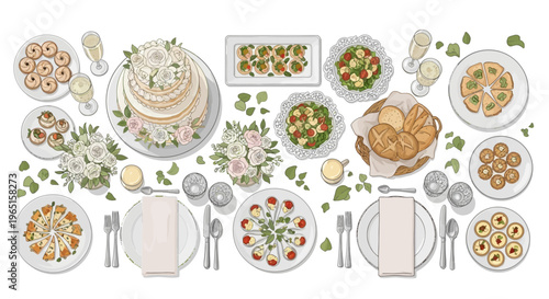 Elegant Wedding Reception Table Setting with Cake, Flowers, and Food from Above