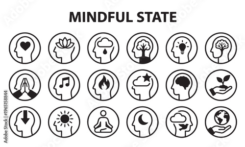 Collection of icons representing various mindful and meditative mental states