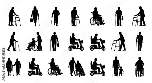 People with disabilities interact using walkers and wheelchairs outdoors daily