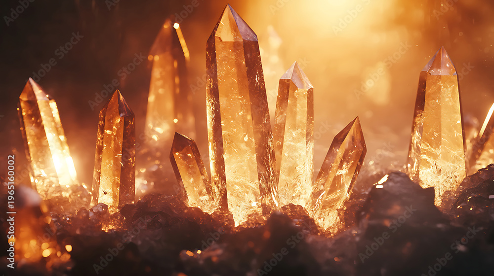 Fototapeta premium Glowing Amber Crystals Illuminated by Warm Light.