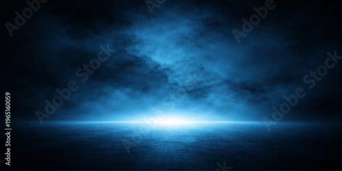 Abstract a tranquil and serene backdrop, where ethereal mist dances across a dark blue abyss, with a brilliant light emanating from below. Perfect for artistic endeavors.
