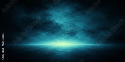 Abstract captivating display of an ethereal light within a mystical smoky ambiance. The scene, dominated by shades of teal and teal fog, evokes a sense of mystery and intrigue.