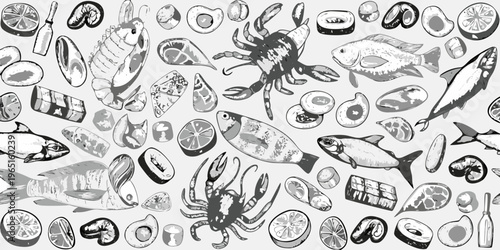 Seafood illustration featuring fish crab shellfish and citrus slices