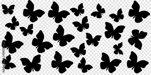 A collection of black butterfly silhouettes arranged on a transparent background
