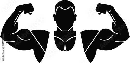 Black silhouette muscular body, flexed arms, fitness strength symbol, bodybuilding illustration, athletic power, gym workout, health training icon