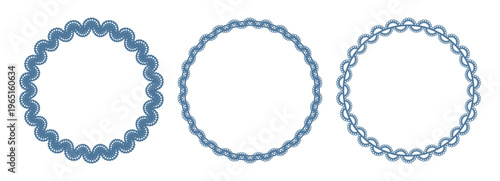 Blue lace round frames set. Three circle borders with wavy, scalloped cutout edges, dotted trim. Paper doily napkin patterns. Vintage invitation, wedding card, tea party, cake decoration. Vector.