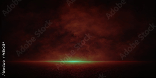 Abstract a dark, mystical scene, a green glowing light streak across the bottom, surrounded by dark red cloud. evoke mystery and intrigue.