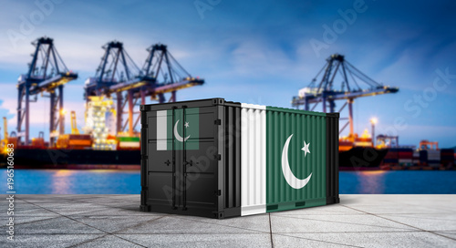 Schilderij op canvas Pakistani Export: A vibrant image of shipping containers emblazoned with the flag of Pakistan, positioned against the backdrop of an active cargo port at dusk