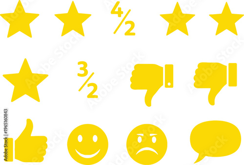 Yellow Customer Feedback and Rating Icons Set with Stars Thumbs and Faces