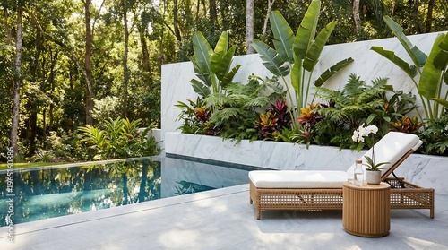 Canvas Print Tranquil pool surrounded by lush greenery and modern furniture