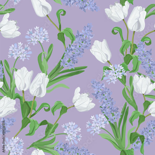 Seamless vector illustration of tulips and hyacinths against a purple backdrop, perfect for adding a touch of elegance to textiles and packaging.