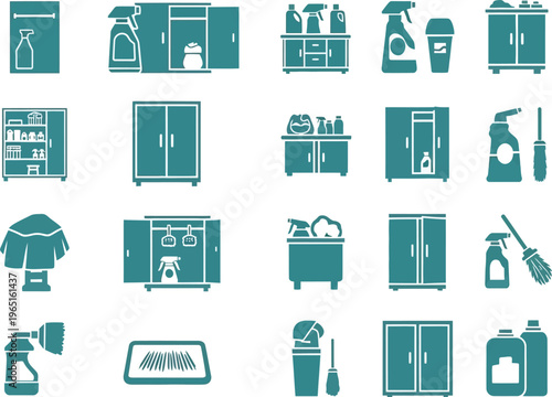 Cleaning Supplies and Storage Cabinet Icons for Housekeeping and Utility Room Maintenance