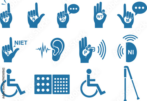 Disability and Accessibility Icon Set for Hearing Visual and Physical Impairments Blue Flat Vector