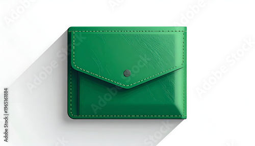 Green leather card holder with button closure minimalist design and top-down perspective