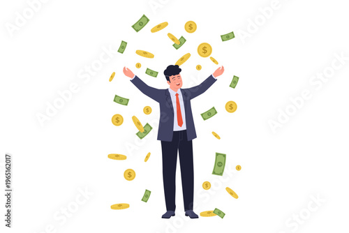 Businessman Celebrating Success Under Rain of Money. A joyful businessman in a suit with arms open as banknotes and gold coins fall, symbolizing extreme wealth, jackpot, and business success