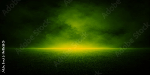 Abstract a surreal green atmospheric landscape shrouded in ethereal mist. a serene ground is softly illuminated by a radiant light source, creating an enigmatic and atmospheric scene.