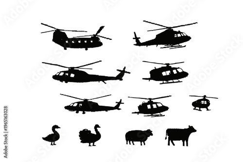 Versatile vector silhouette set featuring a comprehensive range of rotorcraft and common agricultural animals for design projects