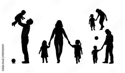 Parents and children silhouettes love and care vector illustration