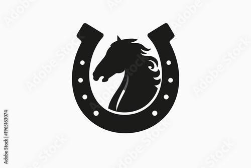 Vector graphic of horse head and horseshoe emblem, symbolizing strength, speed, luck, and equestrian heritage, good for branding and design