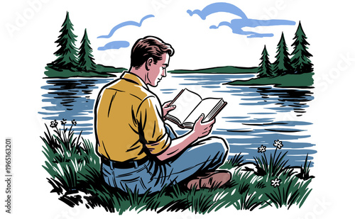 Escape into stories. Nature reading retreat artwork. Lakeside peace illustration for print, poster, and vintage graphic design.