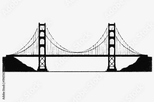Iconic suspension bridge silhouette, representing engineering marvel and architectural grandeur with its distinct towers and cables against a clean background