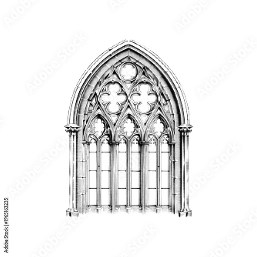 Gothic cathedral window with pointed arch and tracery, monochrome halftone style, minimal isolated composition, architectural heritage and historic design element.