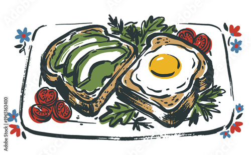 Eat well live well. Avocado and egg toast brunch club. Breakfast food vector artwork for t-shirt print, poster, sticker, and kitchen decor.