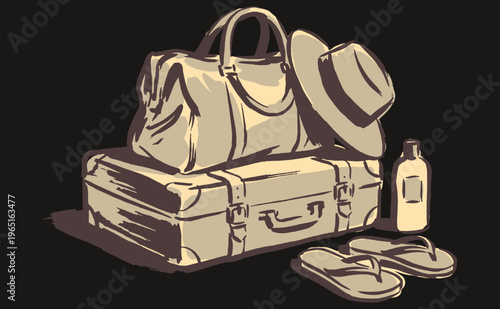 Escape to adventure. Travel essential gear graphic artwork. Summer holiday trip design. Wanderlust spirit. Vintage luggage illustration for print.