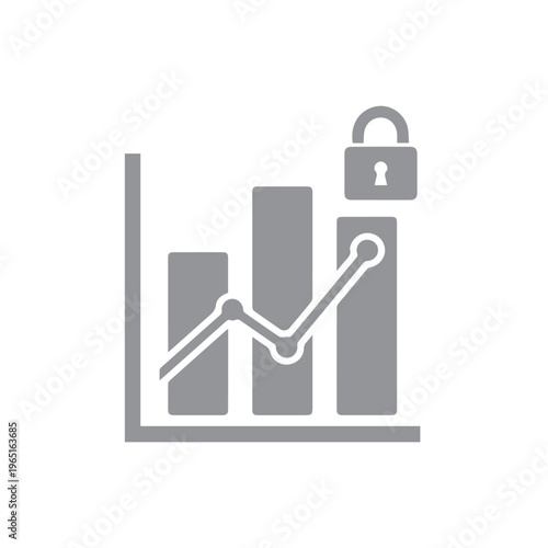 Gray icon representing secure financial data growth utilizing a bar chart with a padlock symbol.