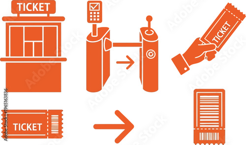Ticketing System and Entry Access Icon Set with Ticket Booth and Turnstile