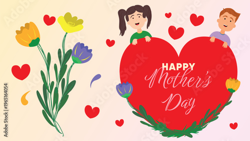Mother's Day illustration featuring a large red heart held by a boy and a girl, with flowers on one side and floating hearts and petals, including space for text. Concept: Mother's Day.