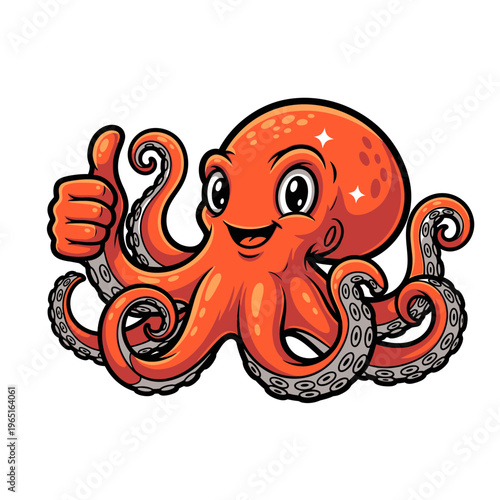 Cute cartoon octopus giving a thumbs up gesture with a happy expression.