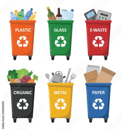Different trash containers cartoon vector illustration set, garbage bins for metal, e-waste, plastic, glass, organic, and paper rubbish, colorful flat design for waste separation, recycling