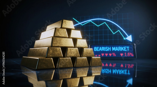 Stacked gold bars on reflective surface with bearish market graph in background, indicating financial downturn