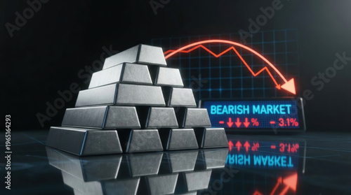Silver bars stacked on reflective surface with bearish market graph in background, indicating financial downturn