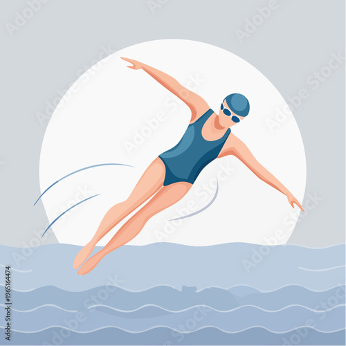 Swimmer in mid-air, capturing the dynamic action of competitive swimming