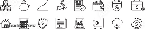 A set of black line icons related to finance and money