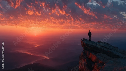 Man standing on a cliff edge watching a breathtaking sunset over a misty valley
