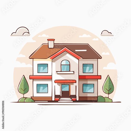 Charming two-story residential house illustration with a front yard, a welcoming facade, and clear skies, perfect for home and real estate themes