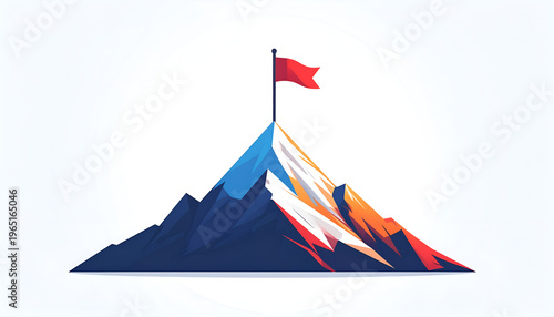 Mountain peak with red flag vector illustration in cartoon style; business success