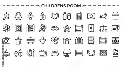 Kids Room Icons Set Children Nursery Interior Design Furniture Toys Vector Collection