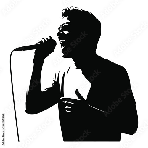 Dynamic silhouette of male singer, energetic performer with open mouth holding microphone, vocalist passionately singing on stage