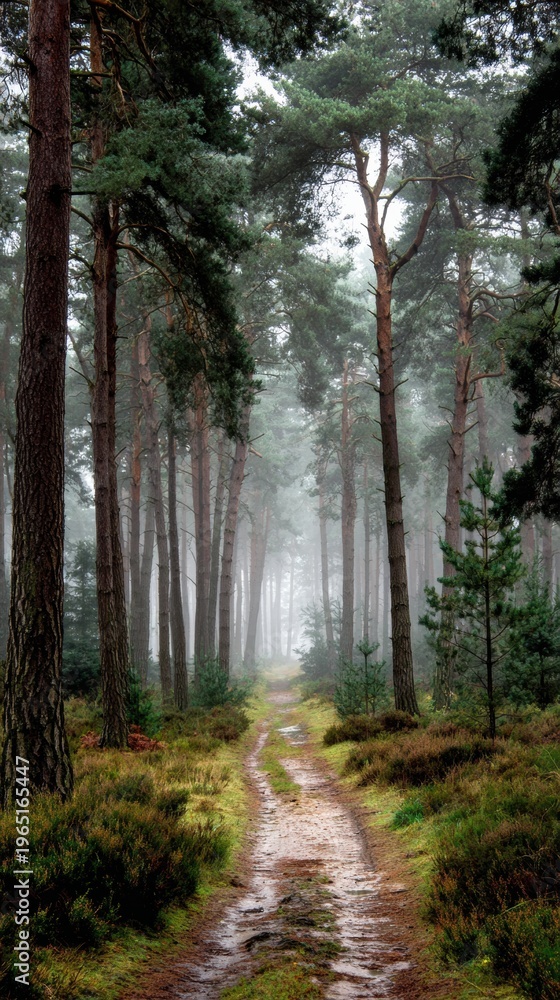 Fototapeta premium Narrow Forest Trail Leads Into Misty Light With Tall Pine Trees on Both Sides Providing Natural Surroundings for Walking or Hiking