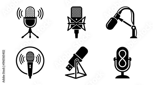 Microphone icons, diverse styles, studio condenser, handheld, USB, vintage grille, sound waves, audio recording, broadcasting, communication vector illustration set.