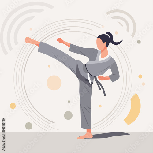 Dynamic illustration of a determined woman performing a powerful high kick in a martial arts uniform, showcasing strength and discipline