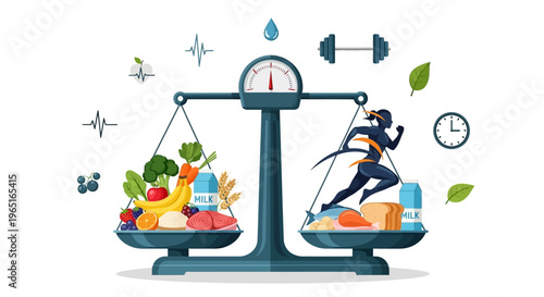 Healthy Lifestyle Balance: Diet vs Exercise on Scales, Fitness and Nutrition Concept