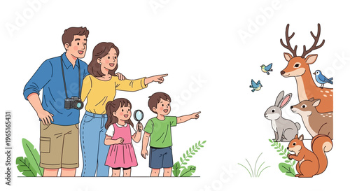 Family Wildlife Observation: Parents and Kids Pointing at Deer, Rabbit, Squirrel, Birds