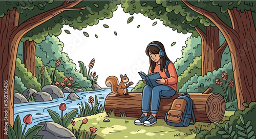 Girl Reading Book Outdoors by Stream with Squirrel, Listening to Music