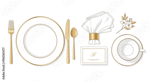 Elegant gold place setting with plate, cutlery, napkin, card, and teacup on white background